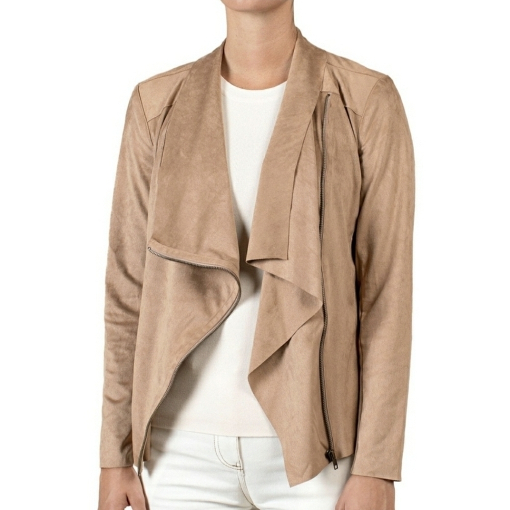 Mote Faux Suede Moto Drape Layering Tan Jacket